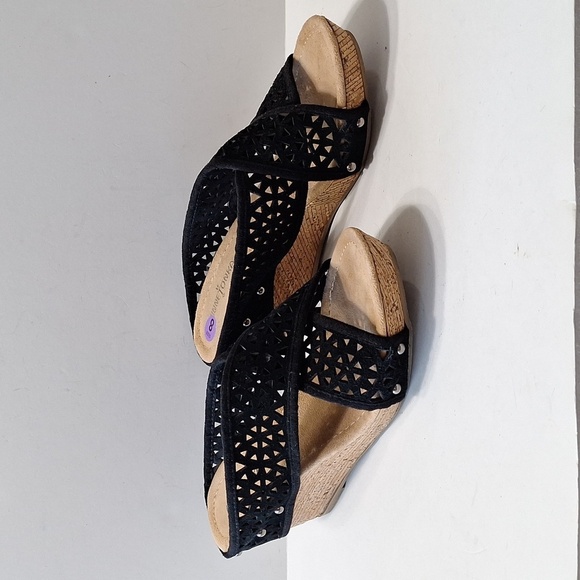 Minnetonka Black Tan Bohemian Lainey Boho Cut Out Suede Wedge Sandals Size 8 - Picture 2 of 12